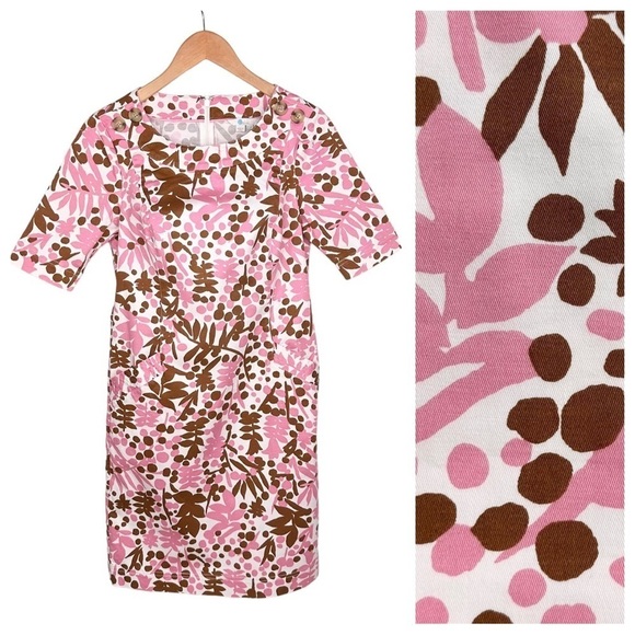 Boden pink brown flower print shift dress sz 2 pockets short sleeves - Picture 1 of 16